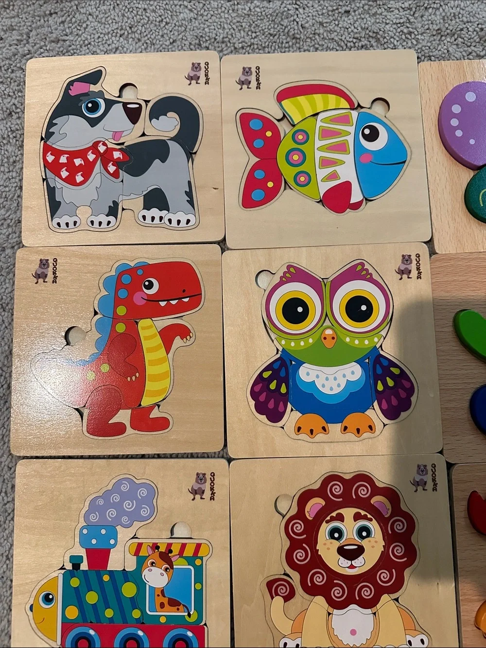 Lot of Wooden Animal & Vehicle Chunky Puzzle Set for Kids - Multicolor